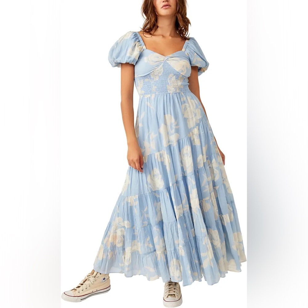 NWT Free People Short Sleeve Sundrenched Maxi Dress in Sky Combo Large